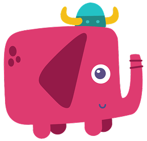 Cute pink cartoon elephant wearing a teal Viking helmet with yellow horns.