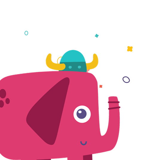 A colorful cartoon elephant wearing a hat.