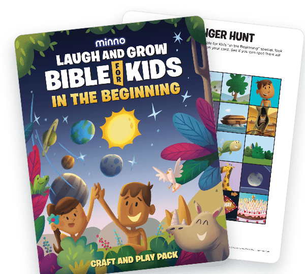 Colorful children's Bible cover titled Laugh and Grow Bible for Kids in the Beginning, showing two kids cheering under a sunny sky with planets and plants nearby.