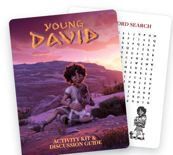 Young David Activity Pack thumbnail for a free printable kids activity with coloring pages, David’s decoder, matching, and word search activities.