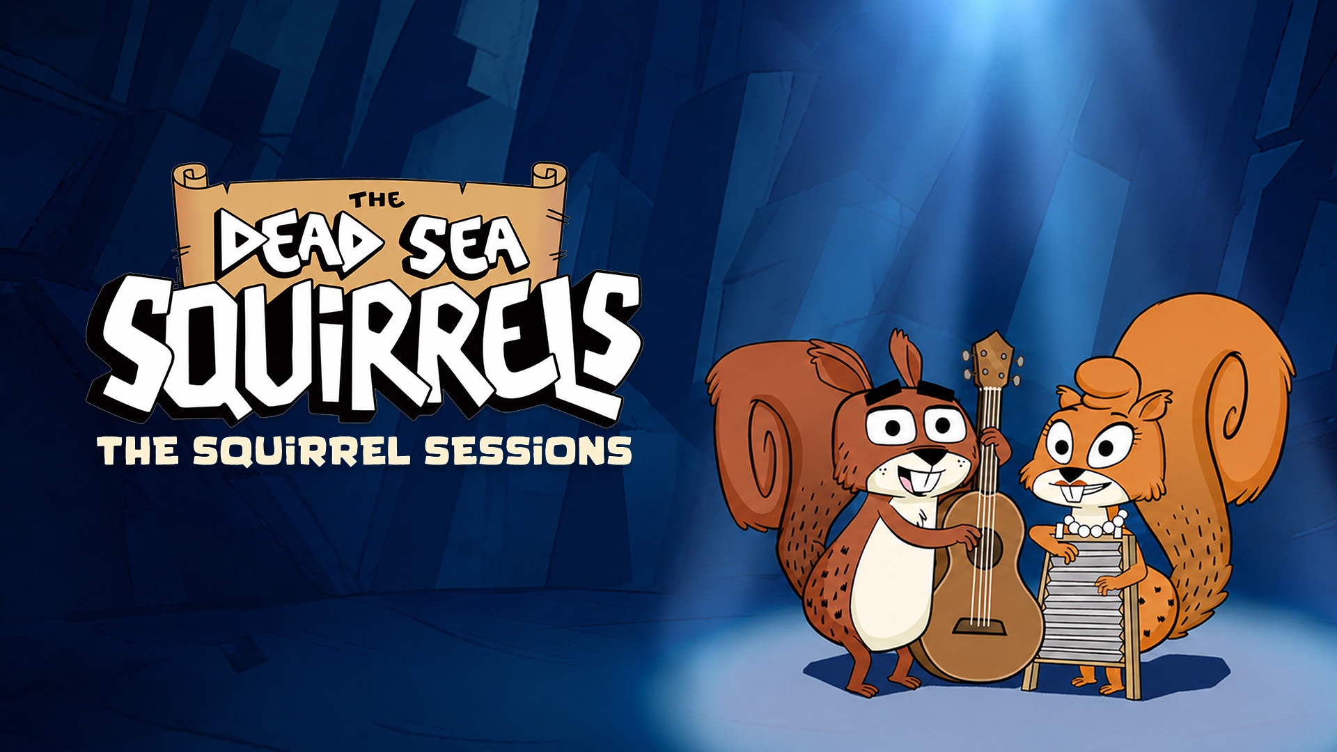 Animated poster of two squirrels playing guitar and keyboard on a blue stage under a spotlight; banner reads The Dead Sea Squirrels – The Squirrel Sessions.