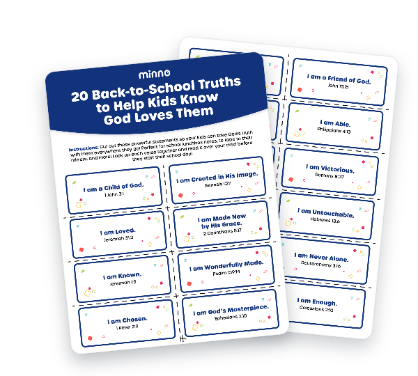 Printable lunchbox notes featuring 20 biblical truths and Scripture references for kids
