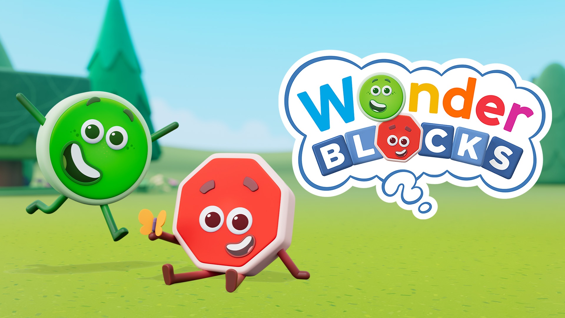 Bright logo for Wonder Blocks featuring smiling green circle and red hexagon characters on a sunny grassy field.