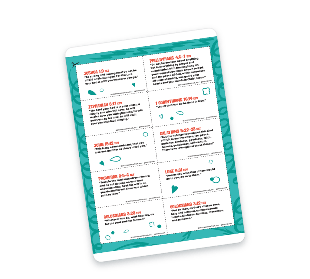 Angled tablet showing a grid of white scripture cards with red verse headings and teal decorative border.