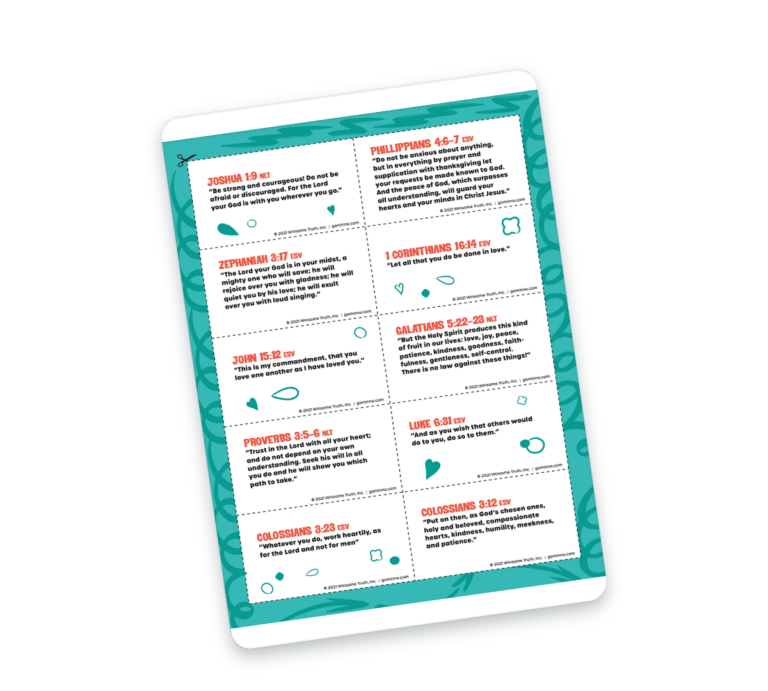Angled tablet showing a grid of white scripture cards with red verse headings and teal decorative border.