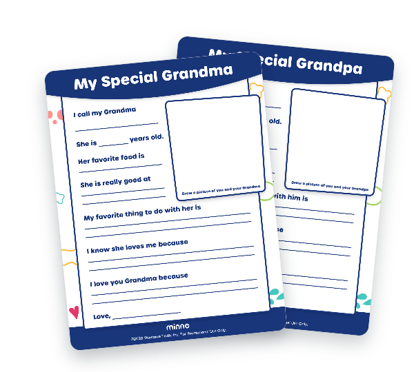 Two printable activity sheets titled 'My Special Grandma' and 'My Special Grandpa' with fill-in prompts and a blank drawing box for each relative.