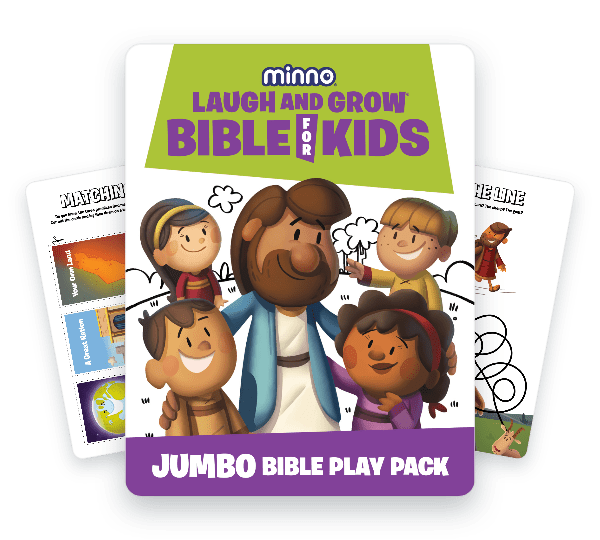 Jumbo Bible Play Pack cover: diverse kids laughing with a bearded man in a blue coat, lime green header reading 'Laugh and Grow Bible for Kids.