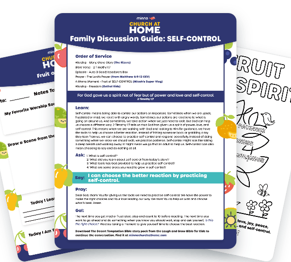 Front cover of a family discussion guide titled 'Family Discussion Guide: Self-Control' with a blue header and a fruit border across colorful pages