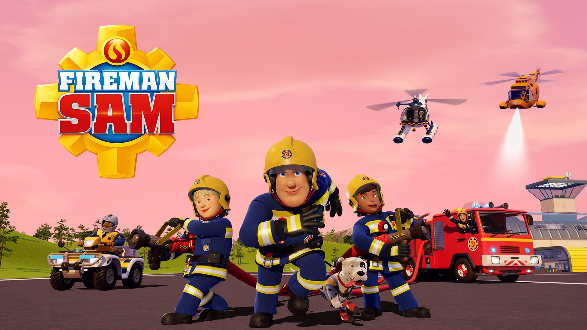 Promotional Fireman Sam image showing firefighters running toward the viewer with emergency vehicles and a large Fireman Sam logo on the left against a pink sky.