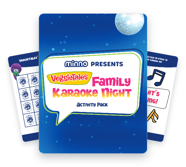 Cover of VeggieTales Family Karaoke Night activity pack on a blue gradient background with a speech-bubble title, flanked by two smaller panels behind it.
