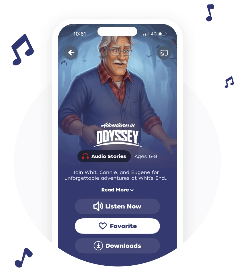 Mobile app screen for 'Adventures in Odyssey' with an elderly man illustration and buttons: Listen Now, Favorite, Downloads (ages 6-8).