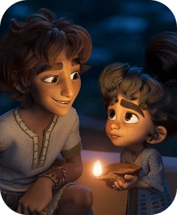 Two young siblings sit by a small campfire at night; the older boy smiles at the younger girl who holds a flame.