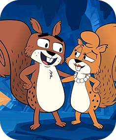 Two cheerful cartoon chipmunks stand together in a blue ice cave, one wearing sunglasses and the other with a pearl necklace, smiling and posing with friendly arms around each other.