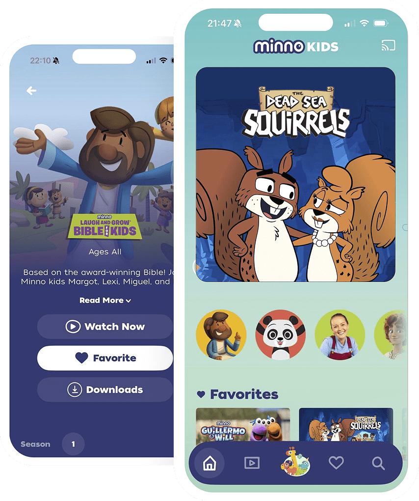 Mobile screens from the Minno Kids app: left screen shows Watch Now and Download buttons; right screen features the Dead Sea Squirrels artwork with a navigation bar below.