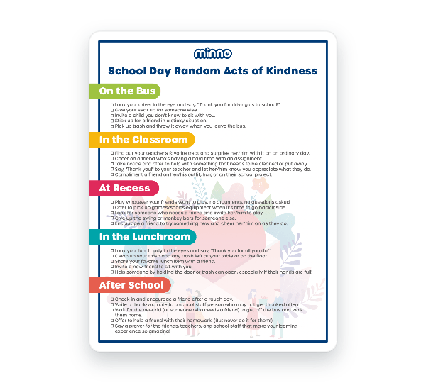 School-Day Random Acts of Kindness printable with kindness activities for the bus, classroom, recess, lunchroom, and after-school routines.