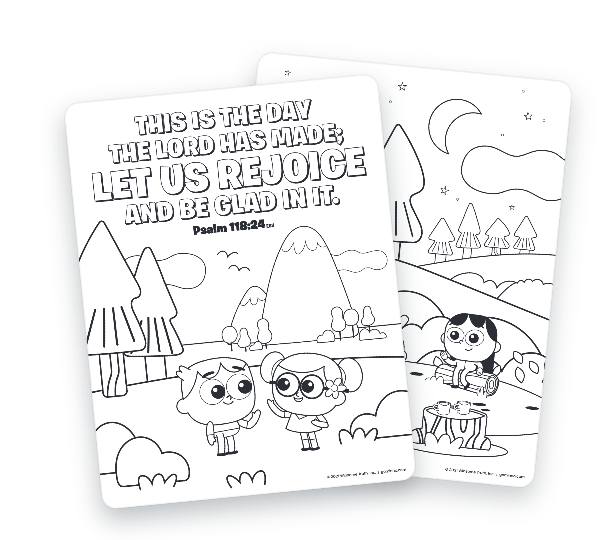 Coloring pages showing a park scene with two kids and the verse: 'This is the day the Lord has made; let us rejoice and be glad in it.' Psalm 118:24