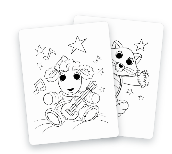 God's Greenhouse coloring sheets featuring Bow Lamb, Kittycake, and Kevin from the children's series in playful scenes for kids to color.