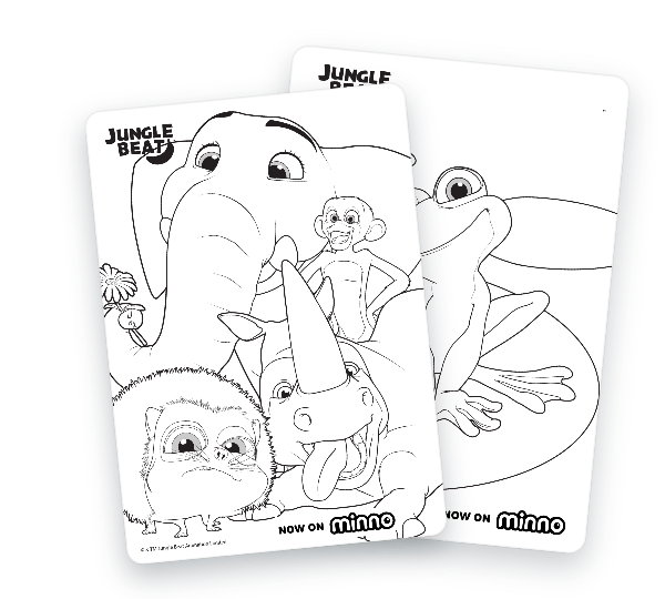 Jungle Beat coloring pages featuring a monkey, elephant, rhino, sloth, and frog for kids to color.