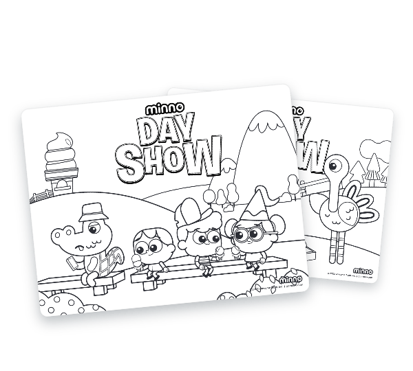 Minno Day Show coloring page of four kids eating ice cream cones together on a bench