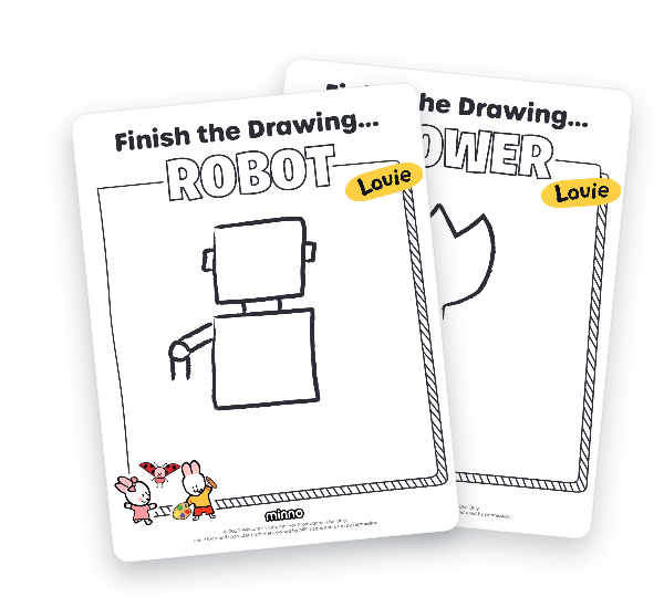 Cover of a children's drawing activity book: 'Finish the Drawing... ROBOT Louie' with a simple robot sketch and small bunny characters at the bottom left corner.
