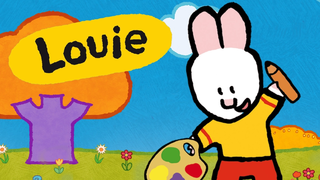 Louis hte bunny holding up a paintbrush and color palate outside and getting ready to paint and draw