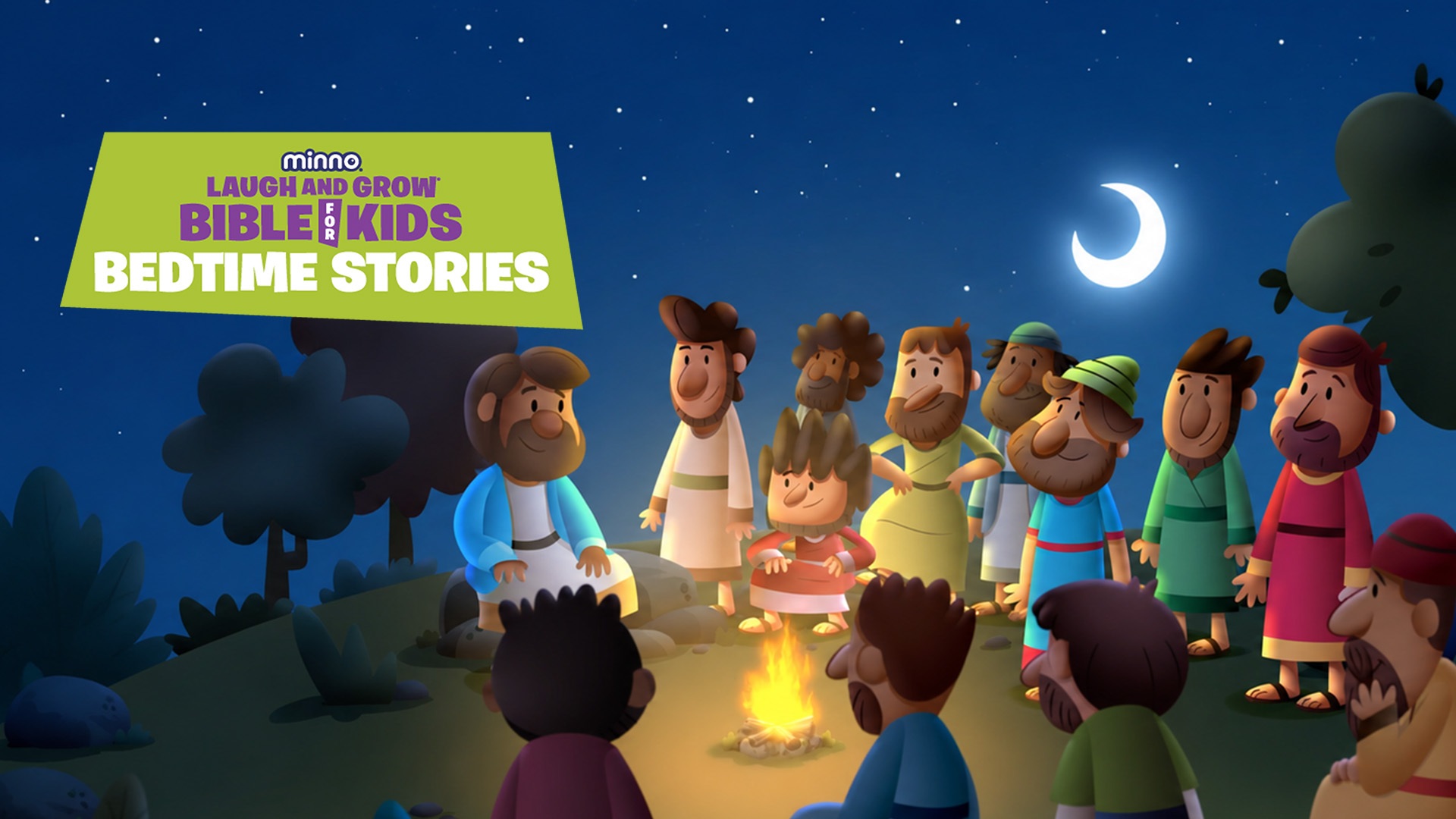 Cartoon crowd around a campfire at night under a starry sky, with a lime sign reading 'Bible for Kids Bedtime Stories' on the left.