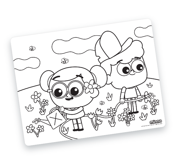 Spring coloring pages featuring Minno World characters for kids to color.