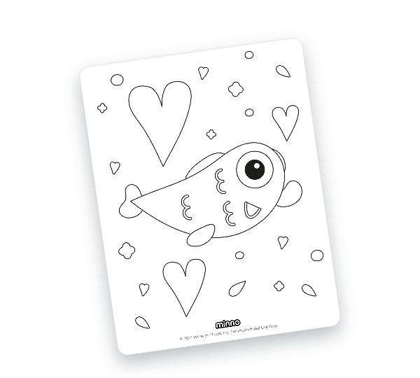 Valentine's Day coloring page with hearts and the Bible verse 1 John 4:19 plus Max the minno.