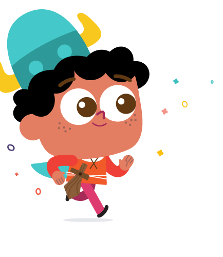 Cartoon child dressed as a pirate, running with a wooden sword, teal helmet, red shirt, and brown hair.