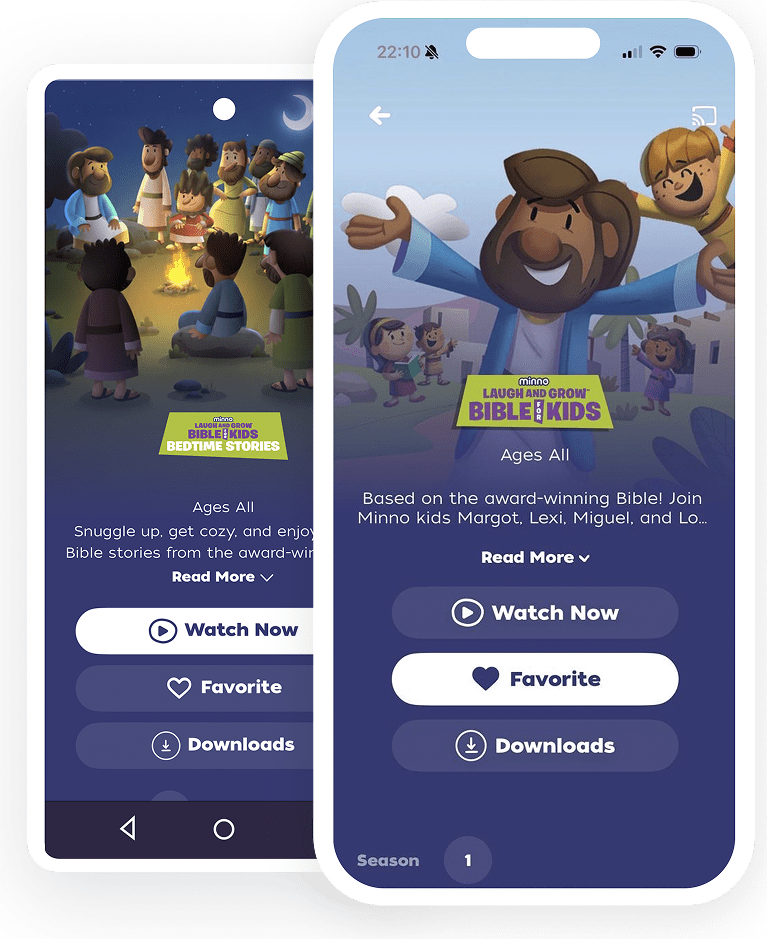 Two smartphone screens side by side showing a kids' Bible app interface with a campfire scene on the left and a cheerful character on the right; buttons read 'Watch Now', 'Favorite', and 'Downloads' along with a 'Read More' prompt and a 'Bible for Kids' logo in the middle.