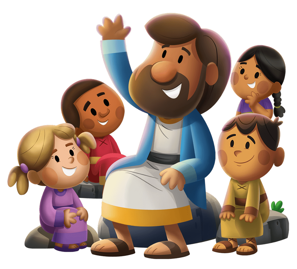 Cartoon of Jesus blessing children gathered around him, smiling and listening attentively.