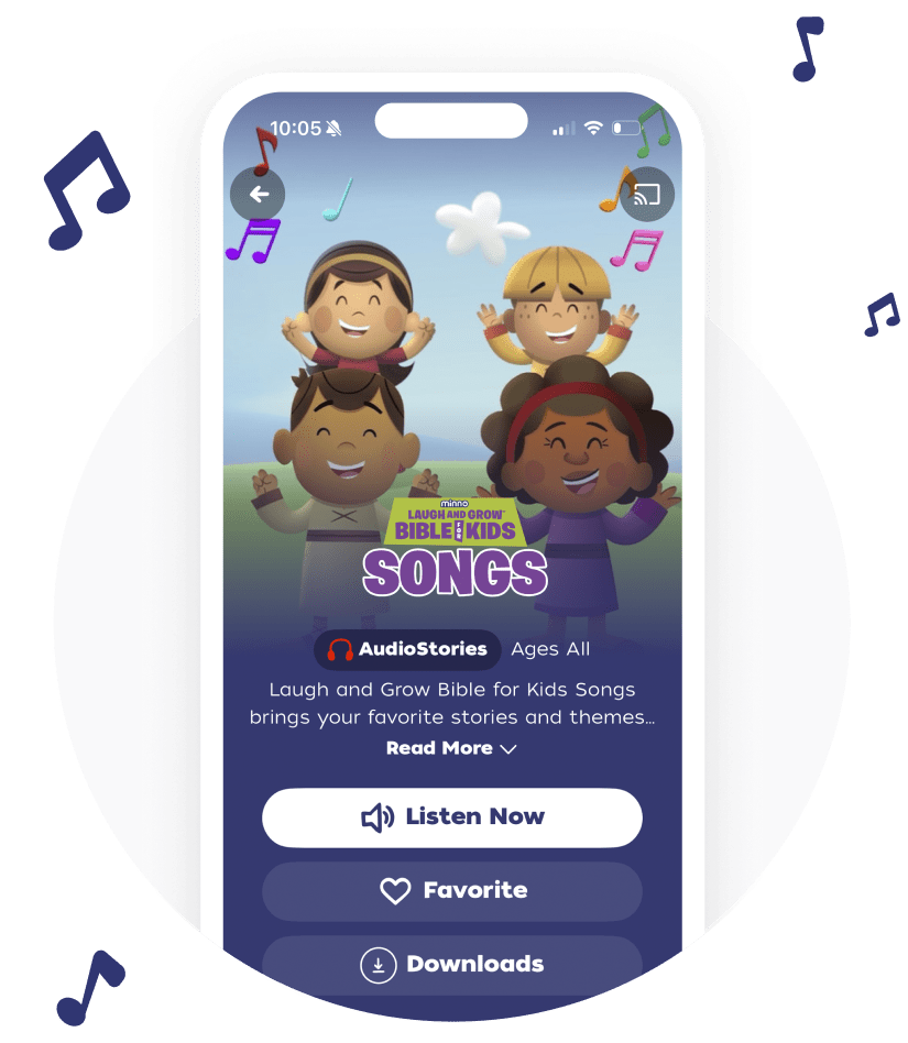 Mobile app screen featuring a 'Songs' section for kids, with illustrated children and buttons: Listen Now, Favorite, and Downloads.