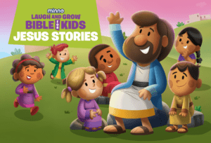 Laugh and Grow Bible for Kids: Jesus Stories - Minno Kids - Minno Kids Jesus sits with children gathered around him in a bright outdoor scene, smiling and listening as kids look joyful and engaged.