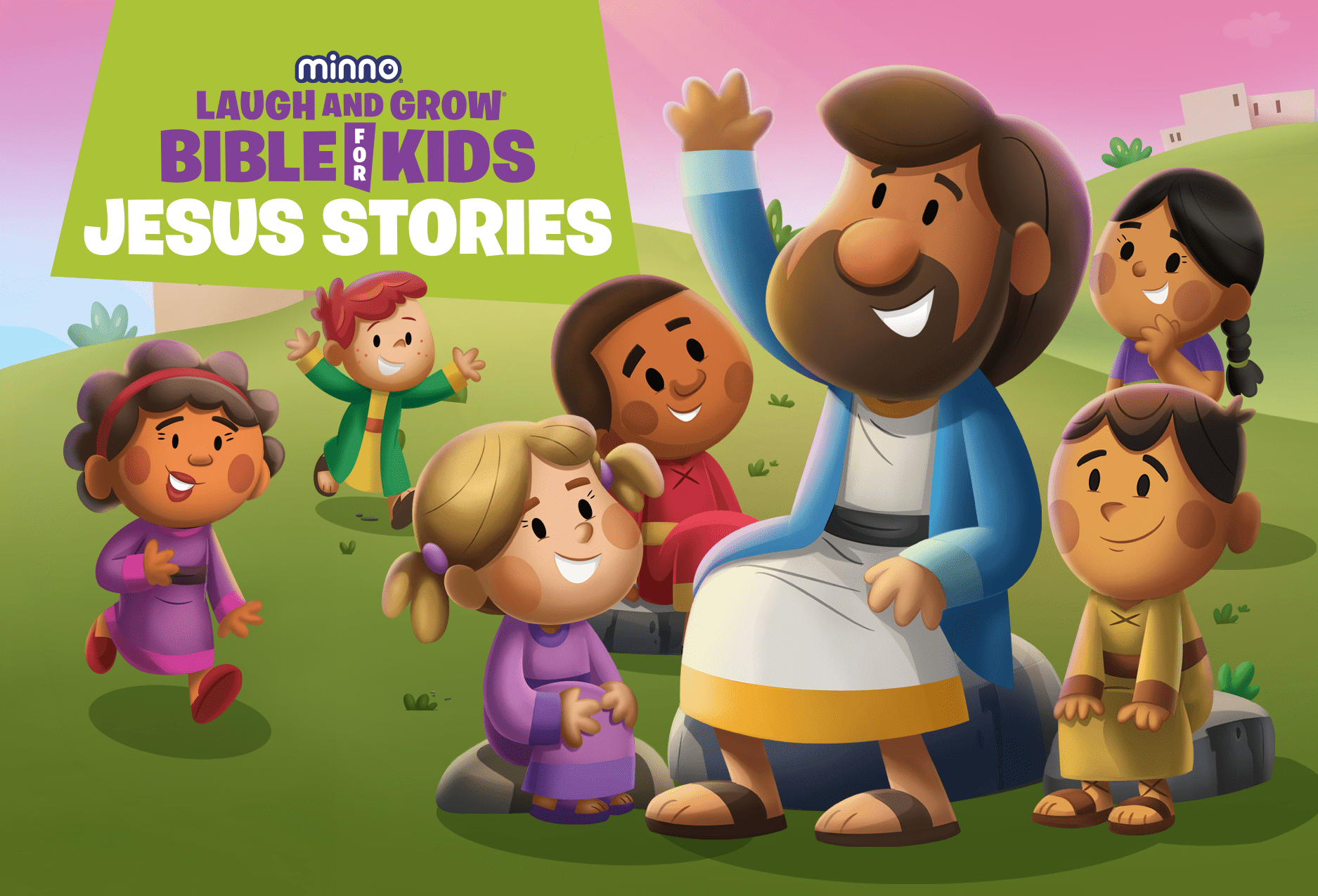 Jesus sits with children gathered around him in a bright outdoor scene, smiling and listening as kids look joyful and engaged.