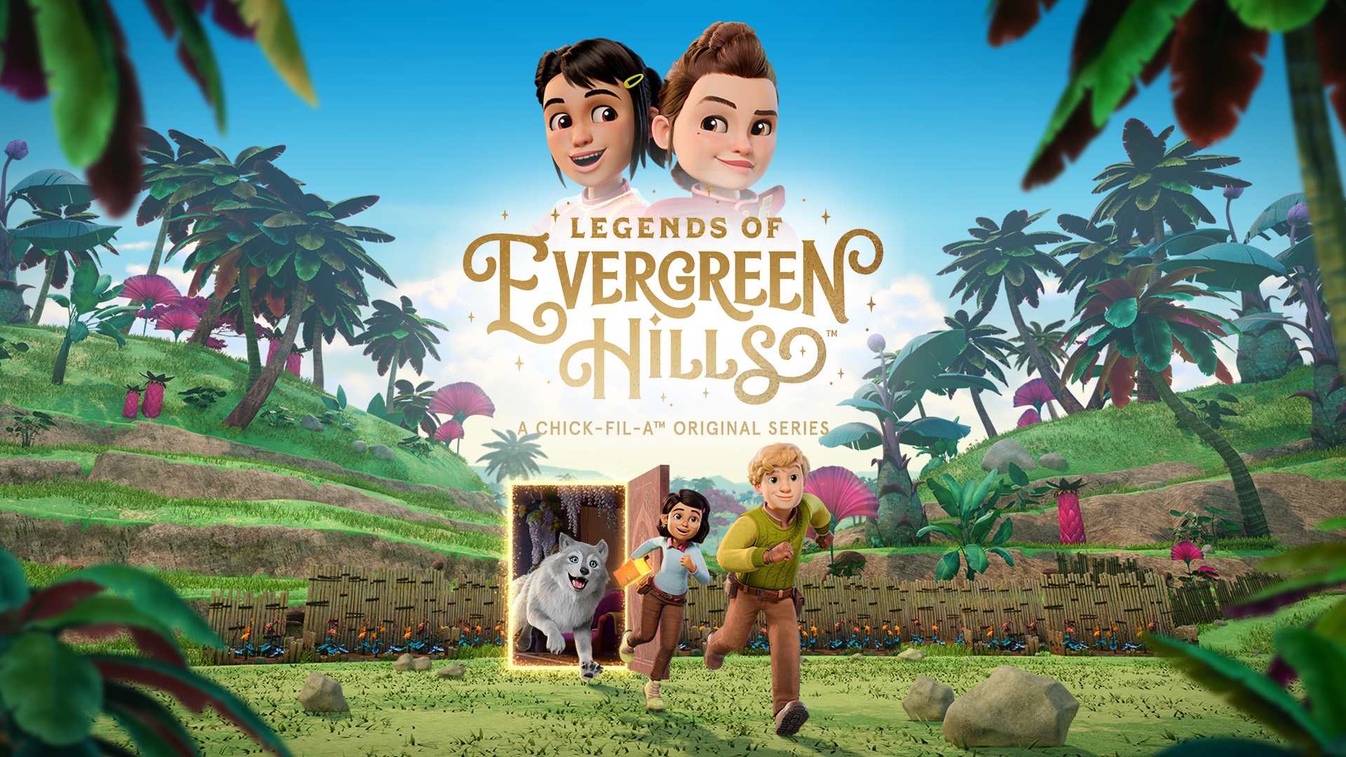 Animated jungle scene with two smiling characters above the golden title 'Legends of Evergreen Hills' and a dog and boy running from a glowing doorway; colorful tropical plants and hills in the background.